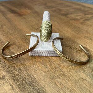 Brass Etched / Engraved Adjustable Ring and Two Bracelet Cuffs by Sweet Bella